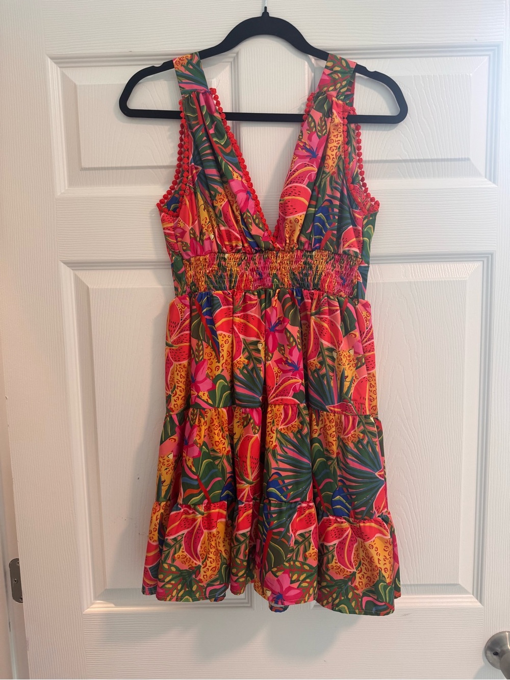 Tropical Floral V-Neck Mini Dress - Pink & Green